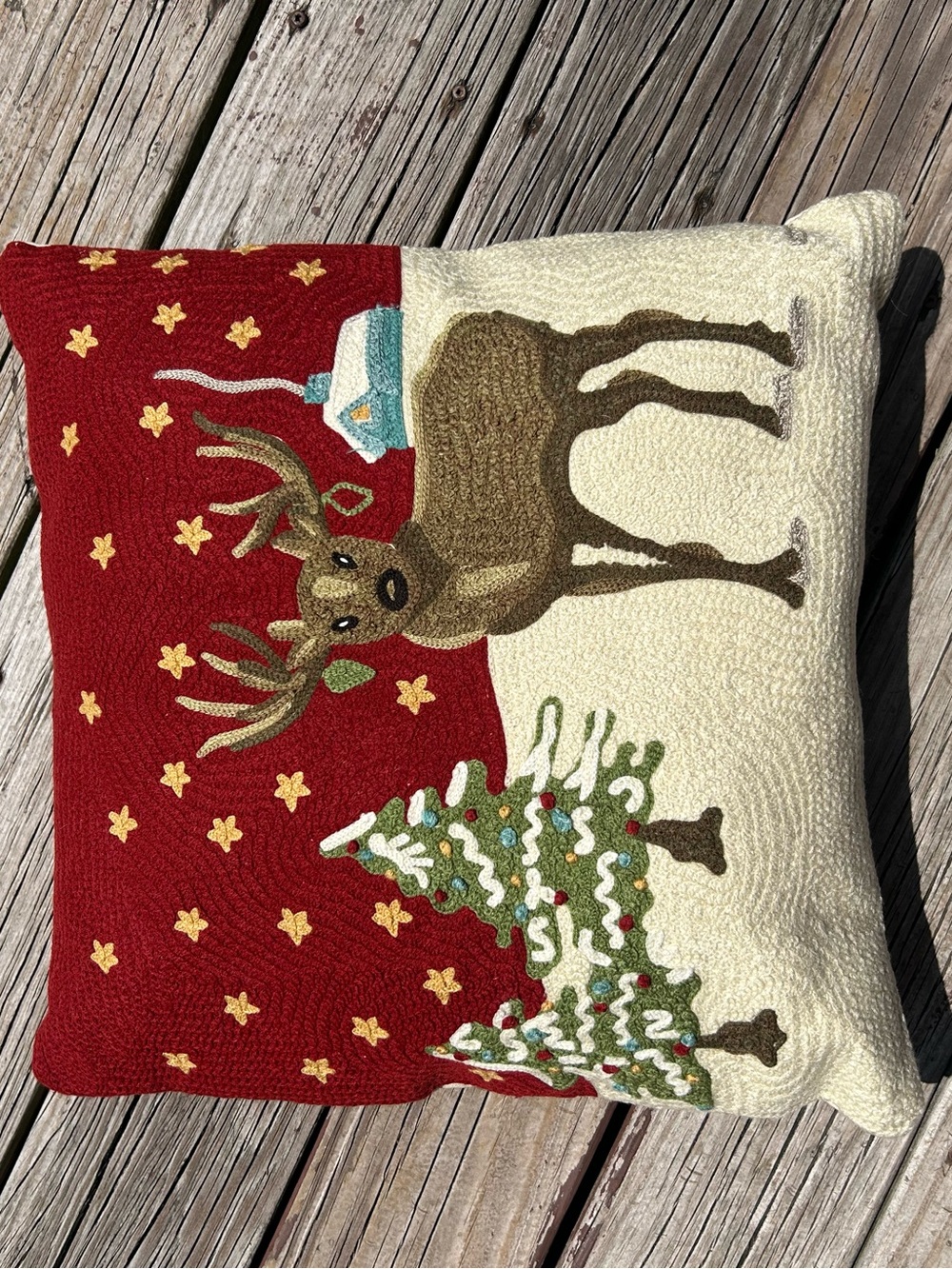 Pottery Barn Red & Cream Reindeer Holiday Throw Pillow